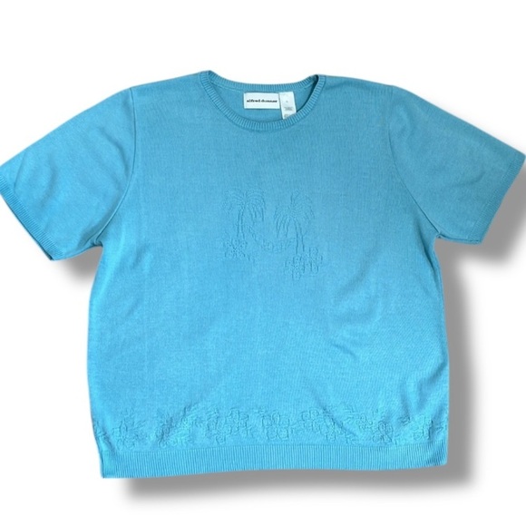 Alfred Dunner Women's XL Summer Sweater Teal Blue Palm Trees Tropical Minimalist - Picture 1 of 9